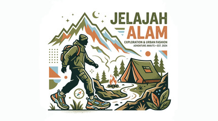 Fototapeta premium A male hiker trekking through the mountains with camping gear.