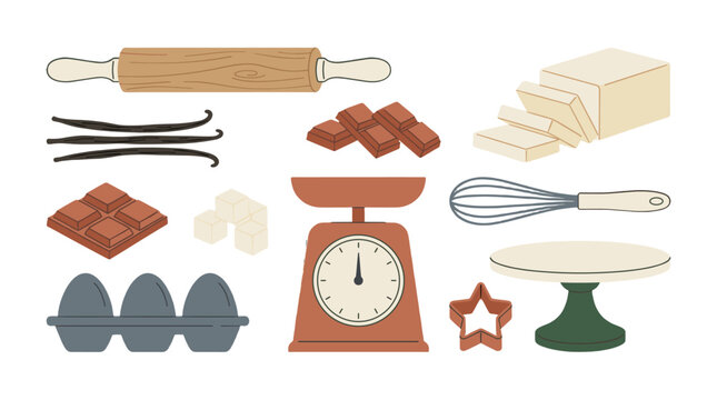 Baking ingredients and tools set in flat vector style