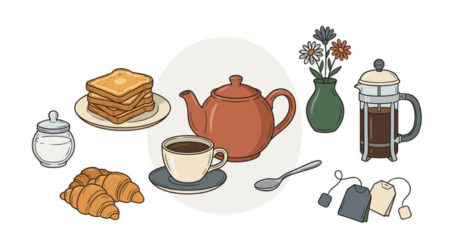 Hand drawn breakfast tea and coffee set with pastries