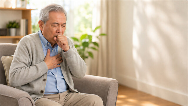 Senior Asian man coughing and holding his chest at home. Elderly patient experiencing respiratory illness symptoms in a bright living room. Copy space for text