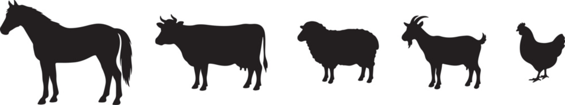 Farm animals silhouette set featuring horse cow sheep goat and chicken silhouette livestock