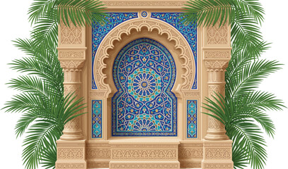 Ornate Moroccan archway featuring intricate blue mosaic tiles and lush palm fronds a traditional design element for cultural or luxury themes © Ahmad