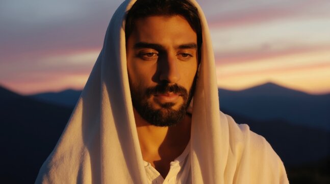 Man with beard in white robe gazes at sunset mountains. Warm light illuminates his face, conveying peace, spirituality, and divine hope. Faith and belief are central themes, suggesting inner calm.