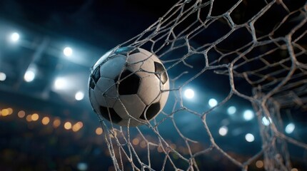Fototapeta premium Soccer ball flying into goal net during nighttime stadium match