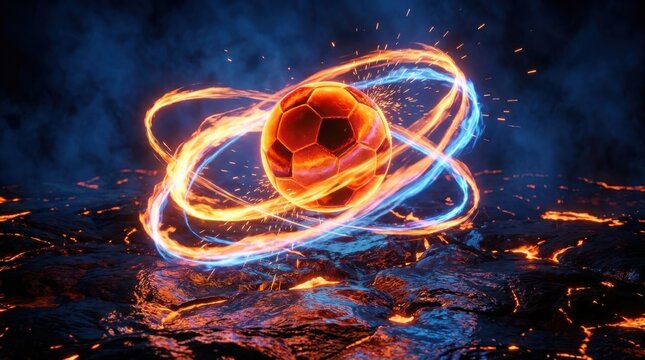 A fiery soccer ball surrounded by glowing blue and orange rings on a dark background with lava and smoke