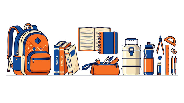 Set of colorful school supplies and student equipment illustration.
