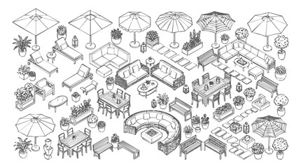 Obraz premium Comprehensive Isometric Sketch Set of Patio Furniture and Garden Elements for Outdoor Living Space Design