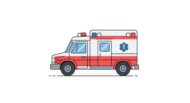 A flat design illustration of a red and white ambulance with blue lights and a medical symbol
