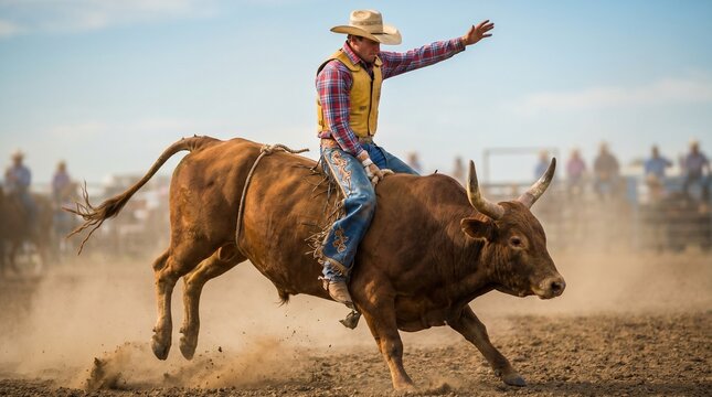Cowboy riding a bucking bull in a dusty rodeo arena with spectators watching