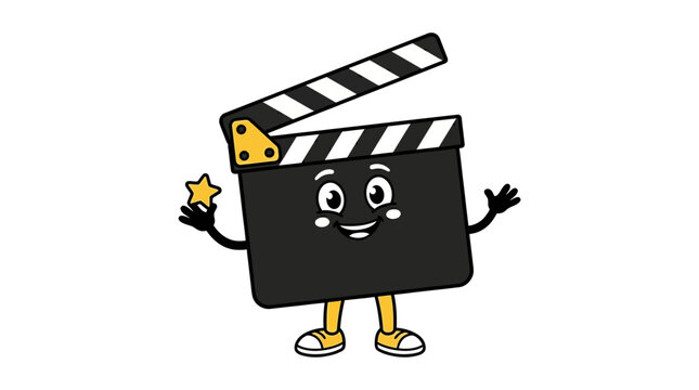 Cute cartoon film clapperboard character holding a yellow star.