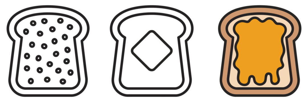 Toast bread with butter and jam icon set concept for breakfast food snack bakery items sandwich spread and restaurant menu