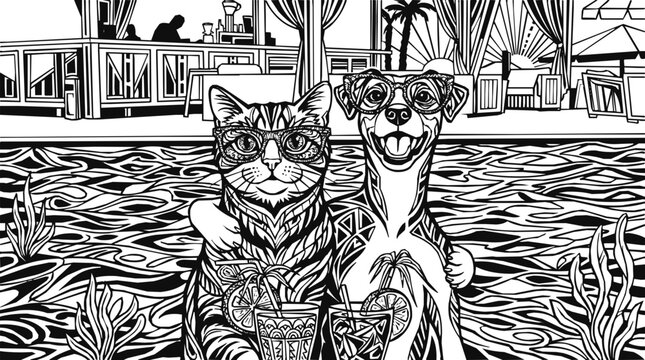 Hand-drawn coloring page of a cat and dog wearing stylish sunglasses while enjoying a summer vacation at a pool resort with tropical drinks.