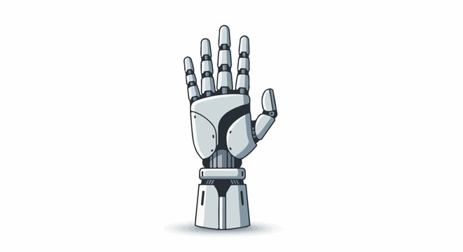 A pixelated robotic hand, white and grey, with articulated fingers spread open, set against a white background