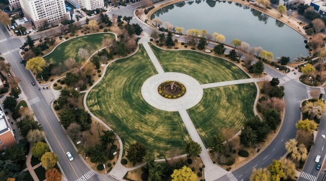 Aerial view of city park with central lawn and pond. Trees line pathways and roads surrounding green space. Buildings visible at edge of urban landscape.
