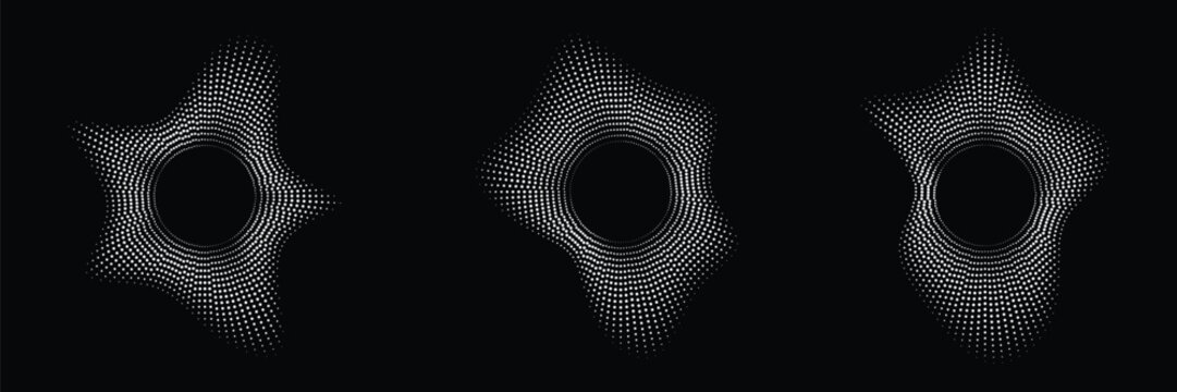 Abstract circular dot patterns with six pointed star shapes on black background