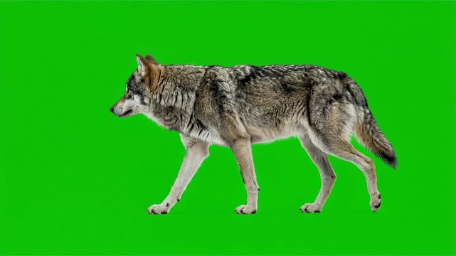 wolf walking isolated on a solid green background for vfx projects