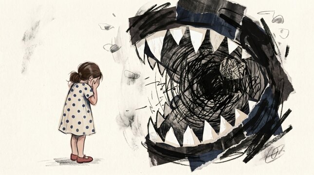 Little Girl Facing a Large Scary Monster Mouth Illustration.