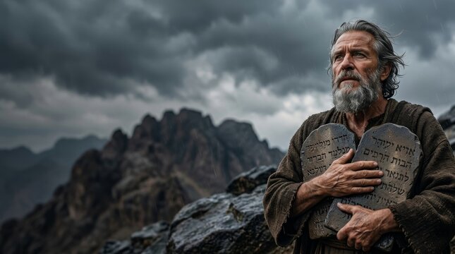 Moses holding the ten commandments tablets on a mountain during a thunderstorm. The Ten Commandments of God.