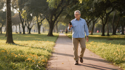 Fototapeta premium Senior man walking in park using smartphone