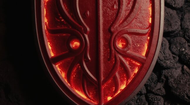Fiery red shield emblem with glowing core. Symbolizes protection, resilience, and strength against threats. Dark background accentuates intense heat and power.
