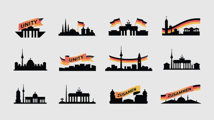 German city skylines with unity banners and flags on national unity day monuments. © ANTU