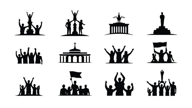 German unity day silhouettes of people celebrating together with historical landmark icons.
