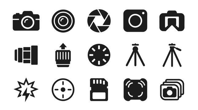 Set of fifteen essential photography and camera equipment flat icons.