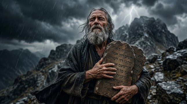 Moses holding the ten commandments tablets on a mountain during a thunderstorm. The Ten Commandments of God.