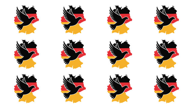 Peace dove flying over german map with flag colors representing harmony and national unity.