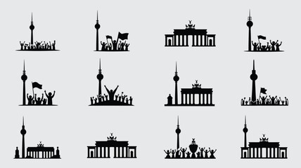 Berlin landmarks and crowd silhouettes featuring TV tower and Brandenburg gate designs set. © ANTU