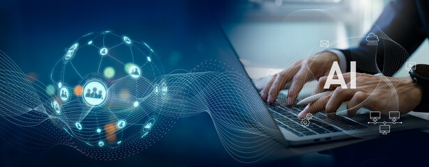 AI tech background with artificial intelligence and big data analytics,representing innovative technology banner,digital wave signal,6G,ai agentic,smart city infrastructure,cloud computing interface © Zerofukuman