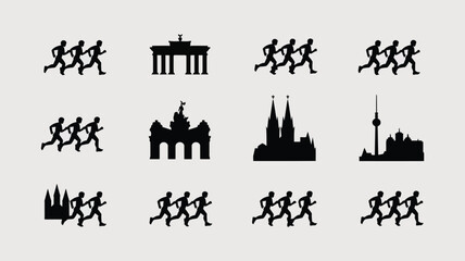 German landmarks and marathon runners silhouettes, Berlin Brandenburg gate, Cologne cathedral. © ANTU