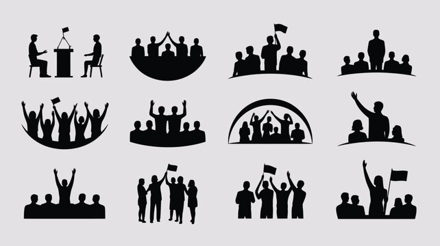 Set of twelve black silhouette illustrations featuring crowds of people holding up flags.