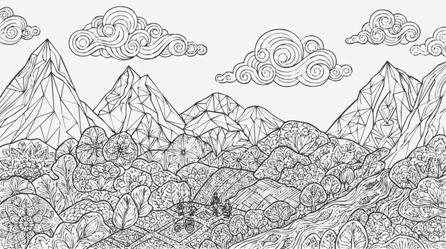 Line art - Intricate coloring page landscape featuring geometric mountains and zentangle nature patterns with a river and rural farmland for