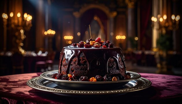 A rich dark chocolate fruitcake with assorted fruits and nuts, elegantly presented on a silver platter for a formal occasion.
