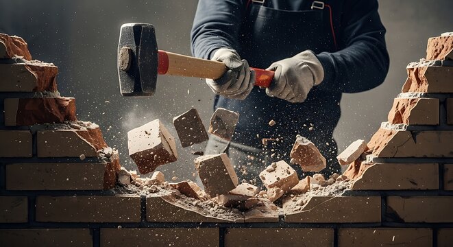Construction worker using a sledgehammer to demolish a brick wall