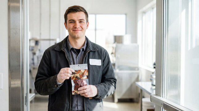 Worker holding beef jerky snack in food production kitchen