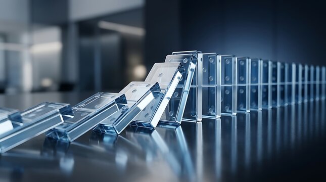 Transparent glass dominos falling in a sequence illustrating the domino effect business risk management and the impact of continuous chain reactions