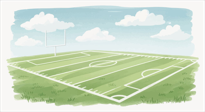 Watercolor illustration of empty American football field with goalpost under blue sky with fluffy white clouds for sports design and background concepts