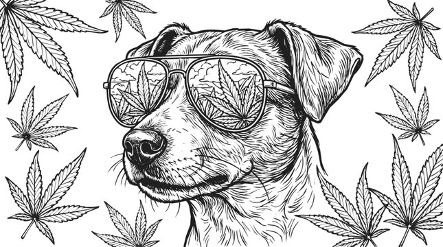 Cool Dog Wearing Sunglasses with Cannabis and Marijuana Leaf Patterns in a Detailed Black and White Hand Drawn Sketch Illustration