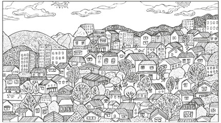 Naklejka premium Hand-drawn cityscape doodle landscape of a busy hillside town illustration featuring houses, trees, and people in a black and white sketch style.