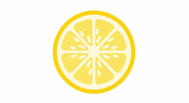Bright yellow lemon slice with radiating segments and a thick rind against white