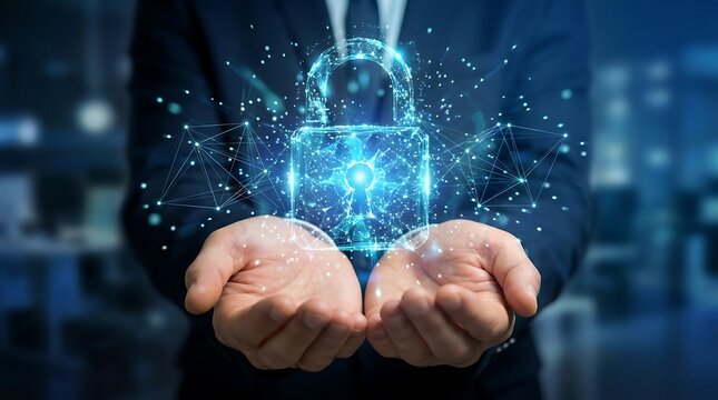 Executive holding a glowing futuristic digital padlock with particle effects demonstrating cyber defense data privacy and secure corporate information systems