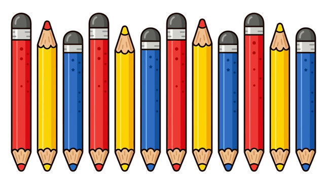 Set of colorful pencils with erasers in a row.
