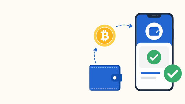 Bitcoin Wallet Transaction: An illustration showing a digital transaction from a physical wallet to a mobile phone wallet, with a Bitcoin symbol signifying cryptocurrency transfer.