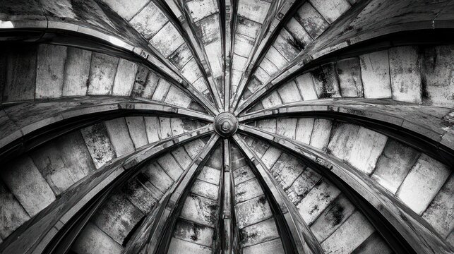 Symmetrical monochrome view inside a dome, radiating tiles and structural ribs converge