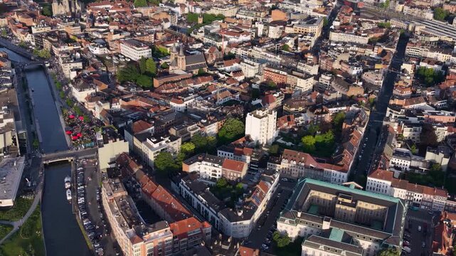 Aerial view beside the old town above the city Kortrijk in Belgium, on a sunny afternoon in early summer.