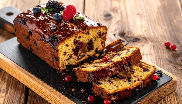 A rich and moist fruitcake with a glossy syrupy glaze, cut into generous slices and adorned with fresh berries on a rustic wooden surface.