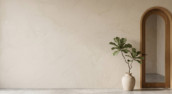 Blank textured plaster wall with an arched wooden door and potted plant featuring large copy space