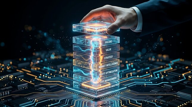 Executive integrating AI digital blocks for advanced pricing analytics market intelligence and corporate profit optimization on high tech circuit board